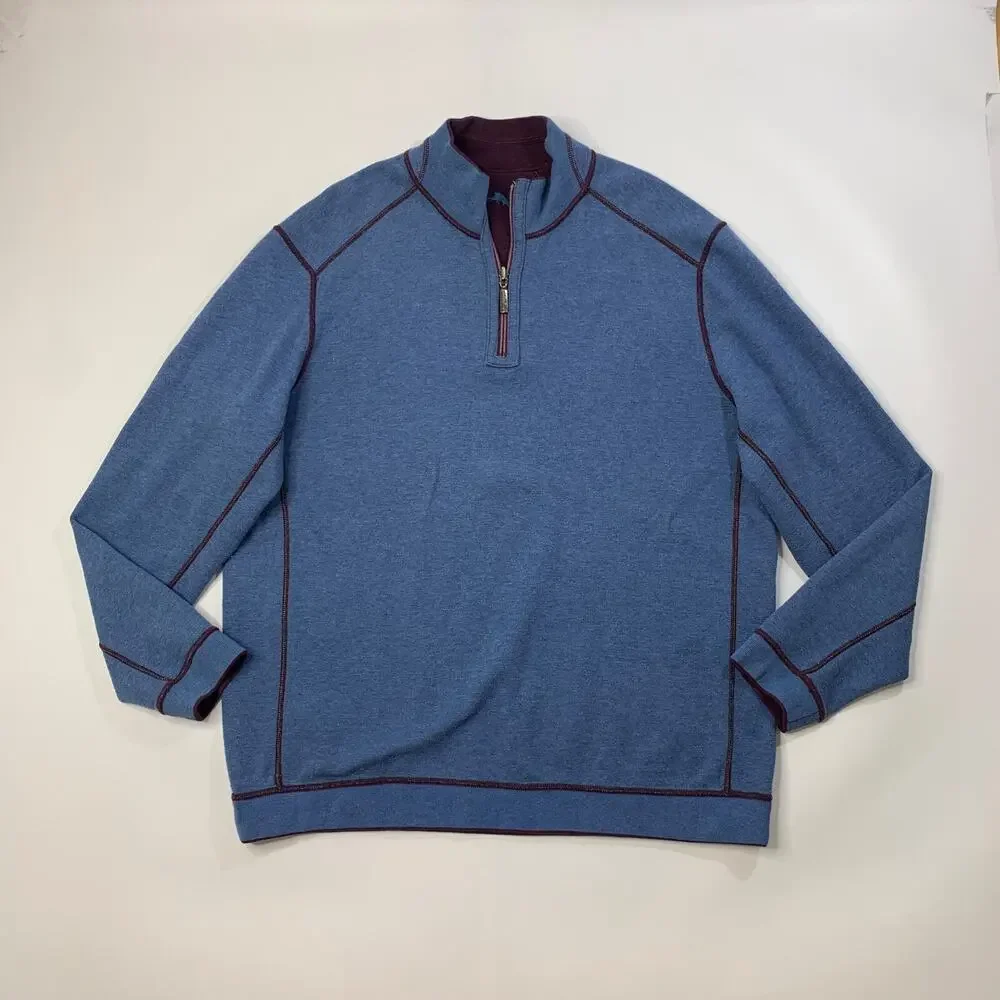 Tommy Bahama Sweater Mens XL Purple Blue Reversible Half Zip Knit Pullover